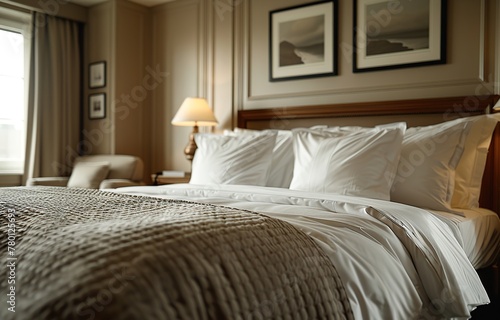 Stylish hotel bedroom interior, with soft mattress and pillows, white and clean, bedroom in luxury hotel