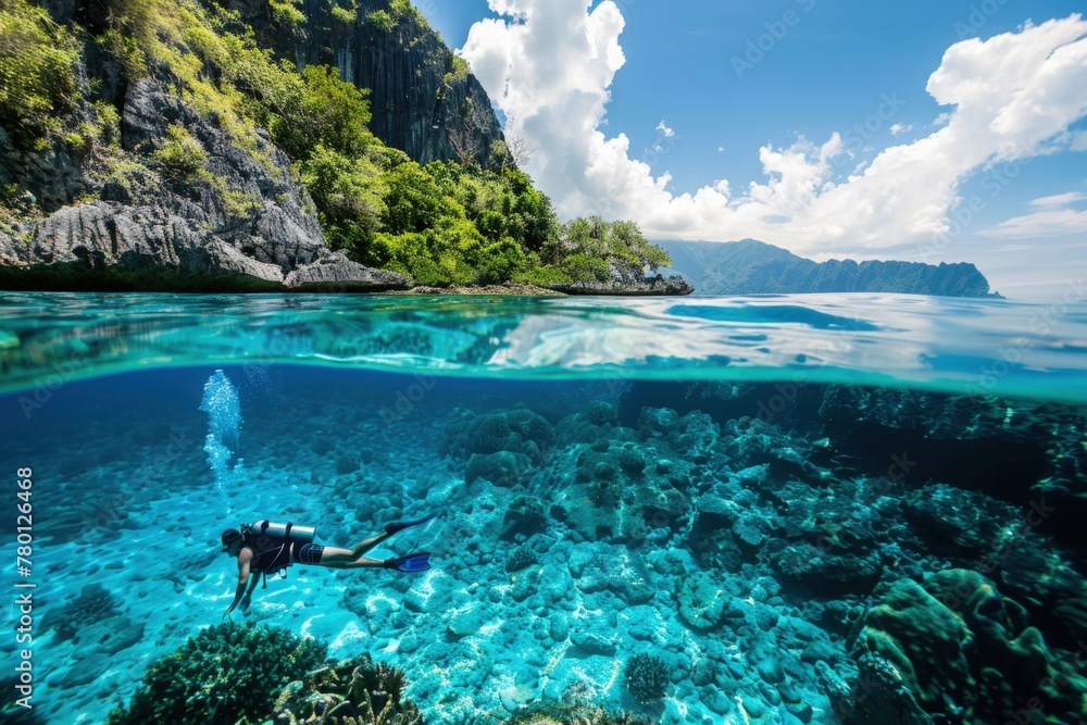 Person diving underwater, underwater landscape, diver.