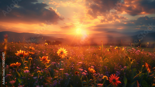 A field of flowers with a bright sun in the sky. AI.
