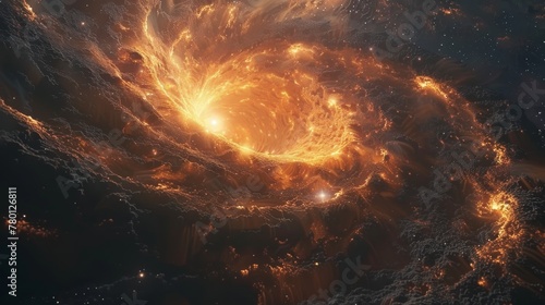 the turbulent energy of a galaxy swirl, the fiery red and orange hues depicting the raw power of space
