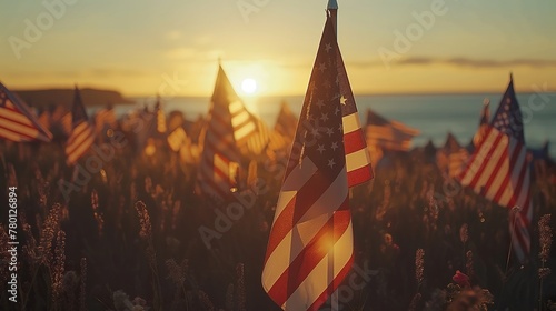 American flag held at a 4th of July gathering, community celebration, sunlit park, patriotic citizens, holiday spirit, national pride