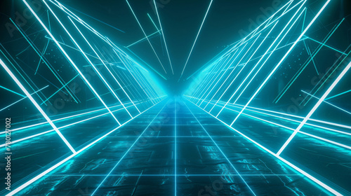 High-tech futuristic neon light corridor with abstract digital backdrop and immersive virtual reality perspective