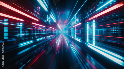 Abstract futuristic neon speed tunnel with vibrant light streaks and dynamic motion background in high-tech cyber digital design illuminated with glowing perspective blur