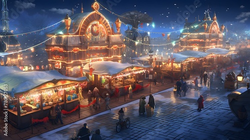 Craft an imaginative crismis market filled with AI-generated stalls selling eccentric, virtual goods for the holiday season