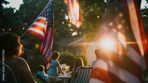 Summer celebration with American flag, community in park on 4th of July, patriotic holiday concept, festive atmosphere, unity background