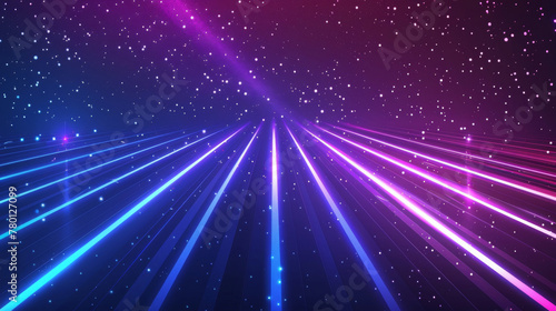 Vibrant digital abstract background featuring vivid neon light rays with a starry space effect
