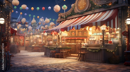 Craft an imaginative crismis market filled with AI-generated stalls selling eccentric  virtual goods for the holiday season