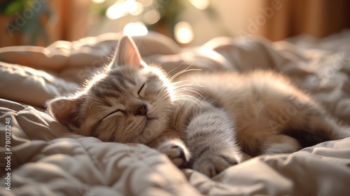 Cute little kitten sleeping on bed at home. Cozy atmosphere photo