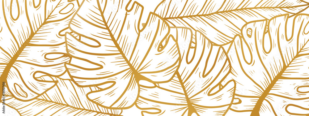 Luxury gold nature background vector. Floral pattern, Golden split-leaf Philodendron plant with monstera plant line arts, Vector illustration. Luxury gold nature background vector. Floral pattern, Golden split-leaf Philodendron plant with monstera plant line arts, Vector illustration.