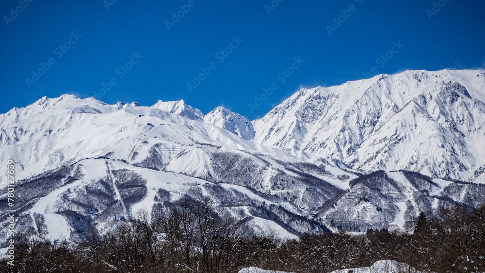 冬の白馬村　冠雪した北アルプス、五竜岳と松川