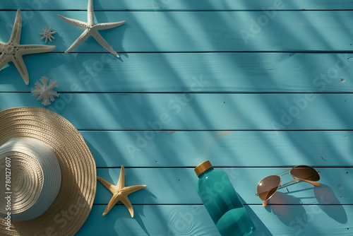 Top-View Beach Accessories on Blue Wooden Background with Copy Space photo