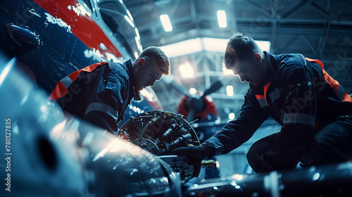 Two aircraft technicians in a hangar are meticulously inspecting and performing maintenance on the engine and airframe of a commercial jet, equipped with various tools. photo