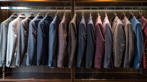 An array of tailored suits on elegant wooden hangers, each suit representing a different aspect of business attire, from formal to smart casual. 32k, full ultra hd