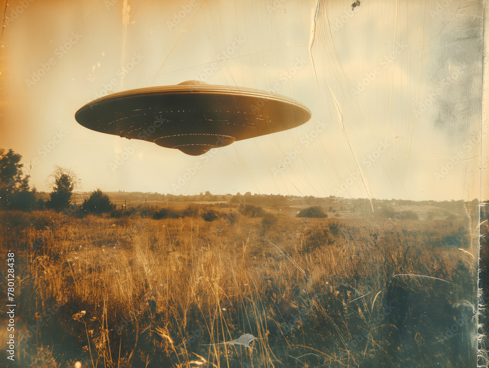 Vintage-Inspired UFO Flying Saucer Sighting Over Rustic Field with Aged ...