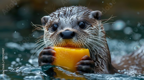 Close up small-clawed otter with a piece of cheese in its mouth photo