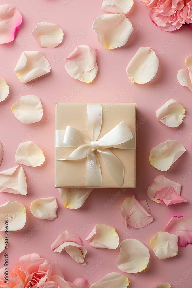 Gift box surrounded with beige and rose petals. on pale pink background. Good for Valentine's Day, Mother's day or Birthday. Greeting card. Flat lay. Gift box surrounded with beige and rose petals. on pale pink background. Good for Valentine's Day, Mother's day or Birthday. Greeting card. Flat lay.