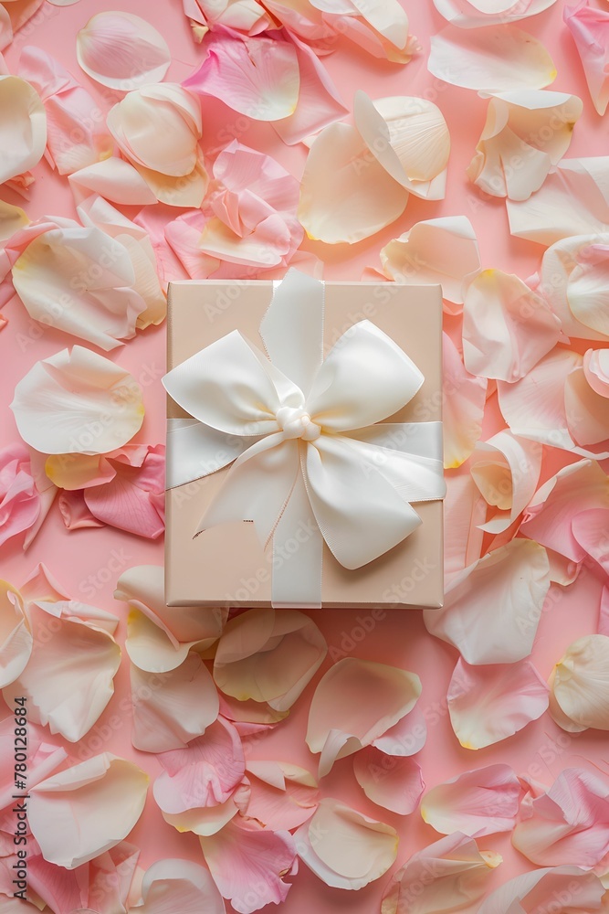 Gift box surrounded with beige and rose petals. on pale pink background. Good for Valentine's Day, Mother's day or Birthday. Greeting card. Flat lay. Gift box surrounded with beige and rose petals. on pale pink background. Good for Valentine's Day, Mother's day or Birthday. Greeting card. Flat lay.