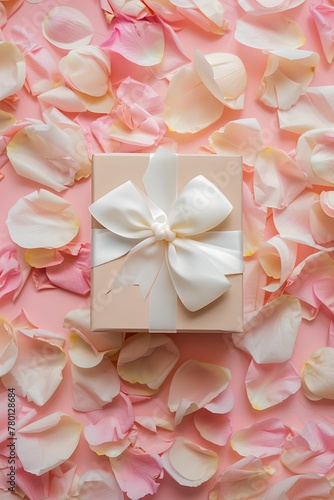 Gift box surrounded with beige and rose petals. on pale pink background. Good for Valentine's Day, Mother's day or Birthday. Greeting card. Flat lay.