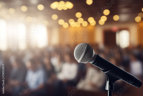 Microphone stands sharp against a blurred bright light backdrop of a conference hall filled with attendees 