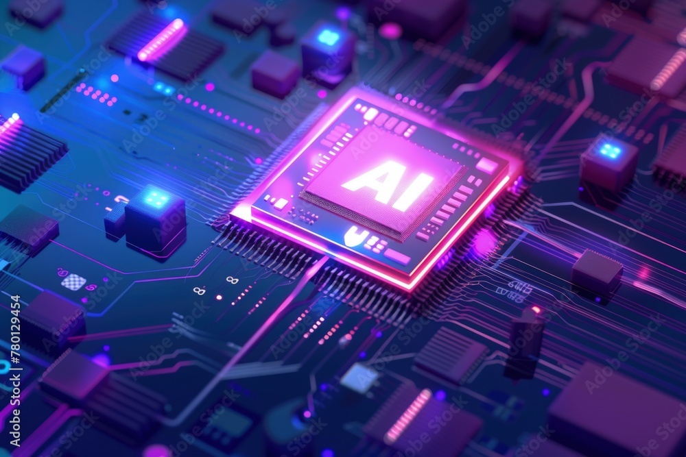 Circuit board with chip with word AI, concept of artificial intelligence and technology. Circuit board with chip with word AI, concept of artificial intelligence and technology.