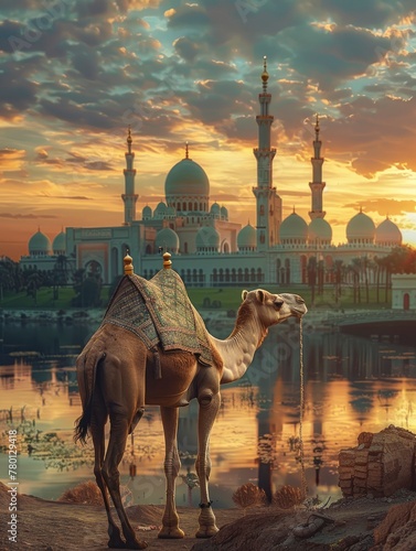 eid al adha, Camel and mosque - generative ai photo