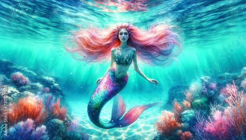 Captivating Mermaid Gazing at Viewer in Turquoise Waters: Watercolor Underwater Fantasy with Colorful Sparkles - 4K Wallpaper