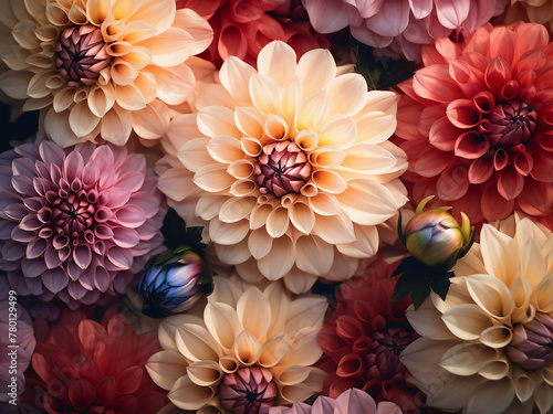 Bouquet of pastel dahlias creates a delightful floral backdrop © Llama-World-studio