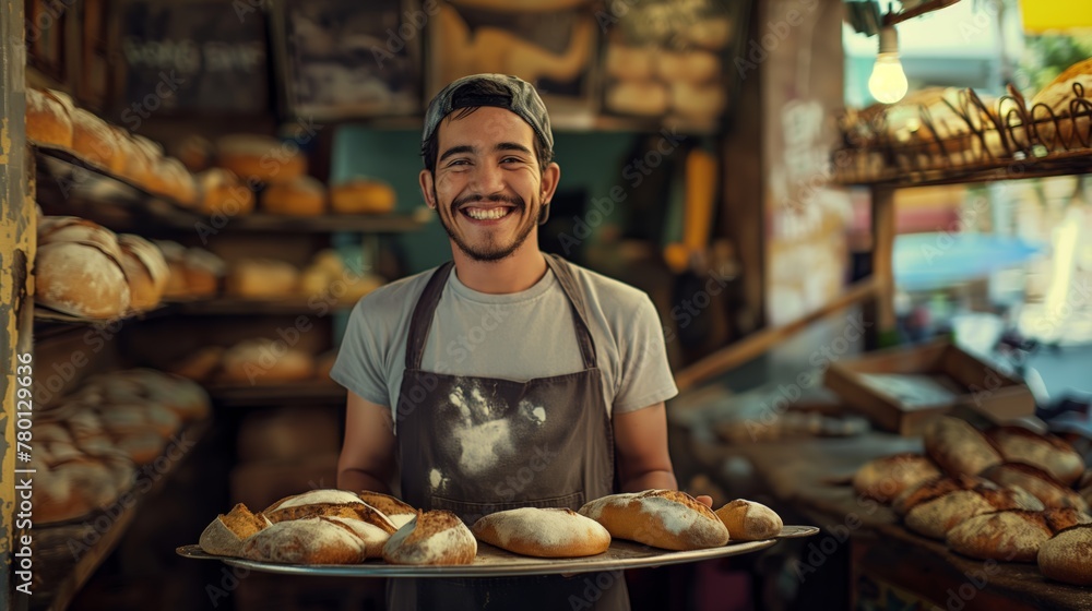 A young man baker holding a tray of freshly baked bread. Food industry and Business.