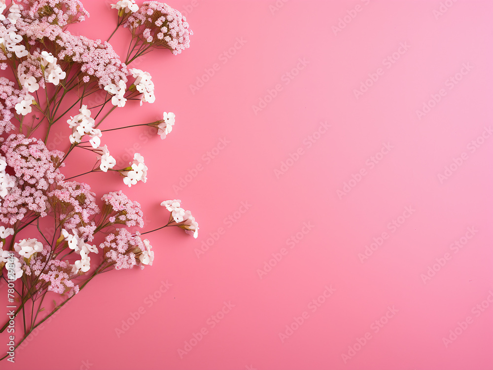 Fototapeta premium Pink serves as the backdrop for a charming flat lay floral composition with gypsophila