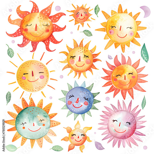Cute watercolor illustration set of suns