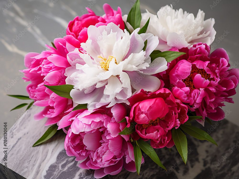 Detailed shot highlights the elegance of fuchsia and white peonies on concrete in a flatlay
