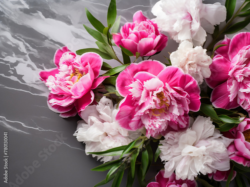 Fuchsia and white peony bouquet is showcased beautifully on a grey concrete backdrop