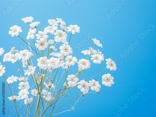 A flat lay of gypsophila flowers on turquoise background exudes beauty and elegance