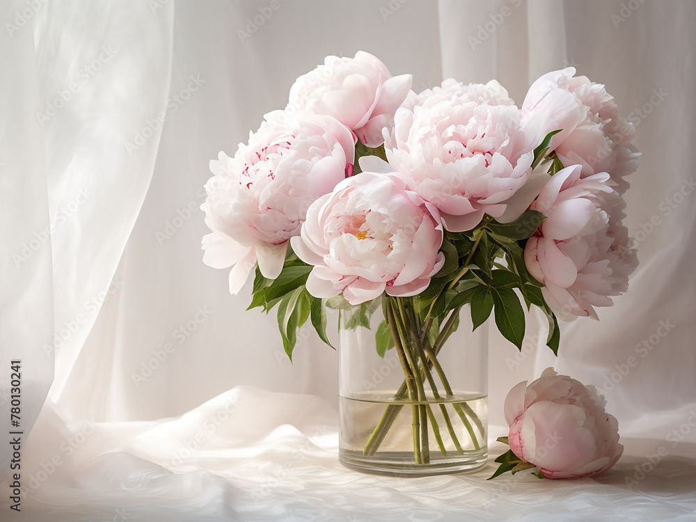 Copy space is available alongside a bouquet of pale pink peonies Copy space is available alongside a bouquet of pale pink peonies