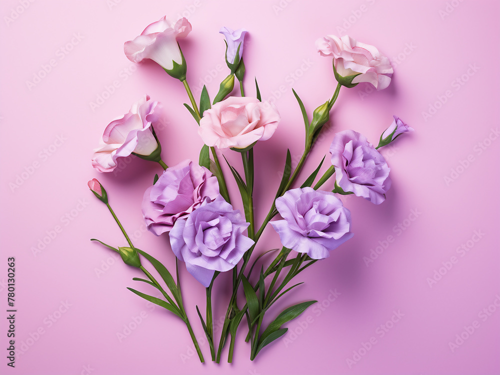 Eustoma flowers in pink and purple, with green leaves, stand out against a pink backdrop Eustoma flowers in pink and purple, with green leaves, stand out against a pink backdrop