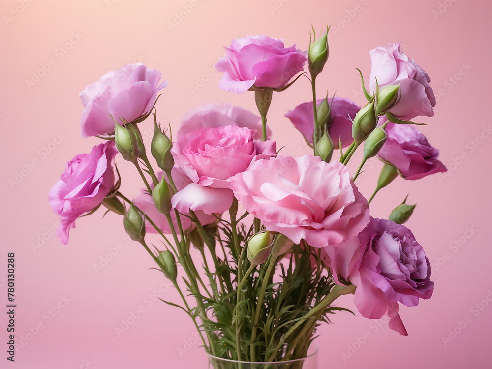 Full bloom pink and purple eustoma flowers with green leaves adorn a pink backdrop