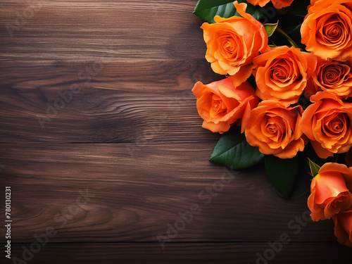 Orange roses lay elegantly on a wooden background  offering copy space