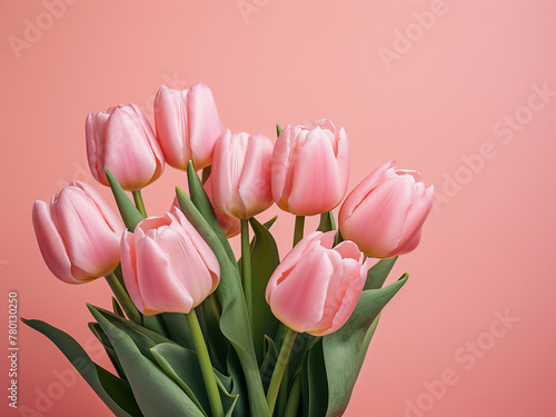 Pink background provides a delightful setting for a peony tulip bouquet