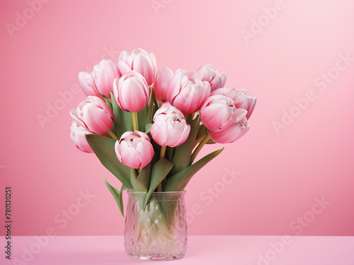 A bouquet of peony tulip flowers adorns a charming pink background