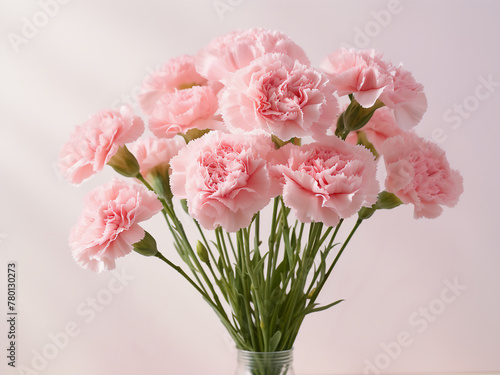 A glass vase holds a stunning bouquet of pale pink peonies on a table