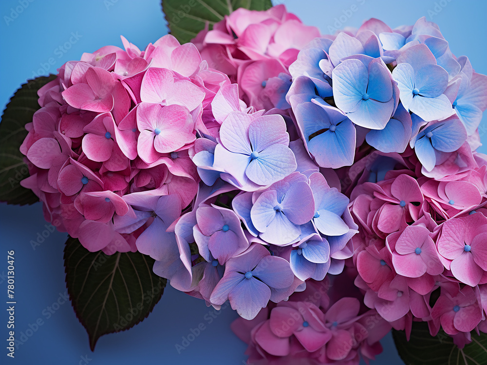 Pink, purple, and blue hydrangeas bloom on a pink backdrop