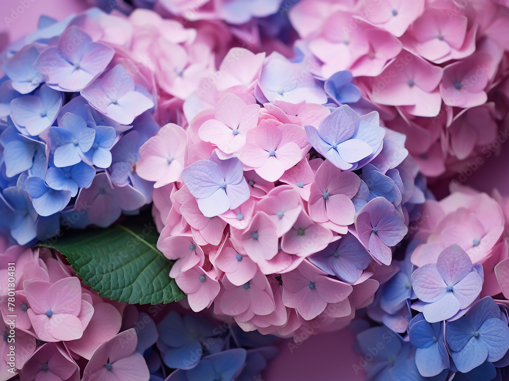 Fototapeta premium Hydrangeas in pink, purple, and blue adorn a pink background