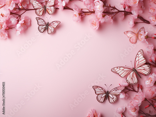 A pink background hosts pink flowers and butterflies, with copy space