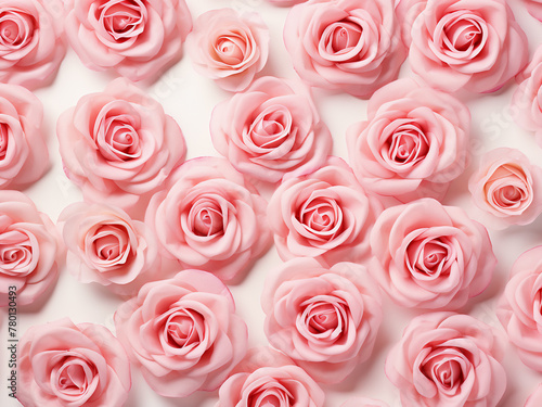 Flat lay of pink rose flowers and petals creates a charming floral arrangement