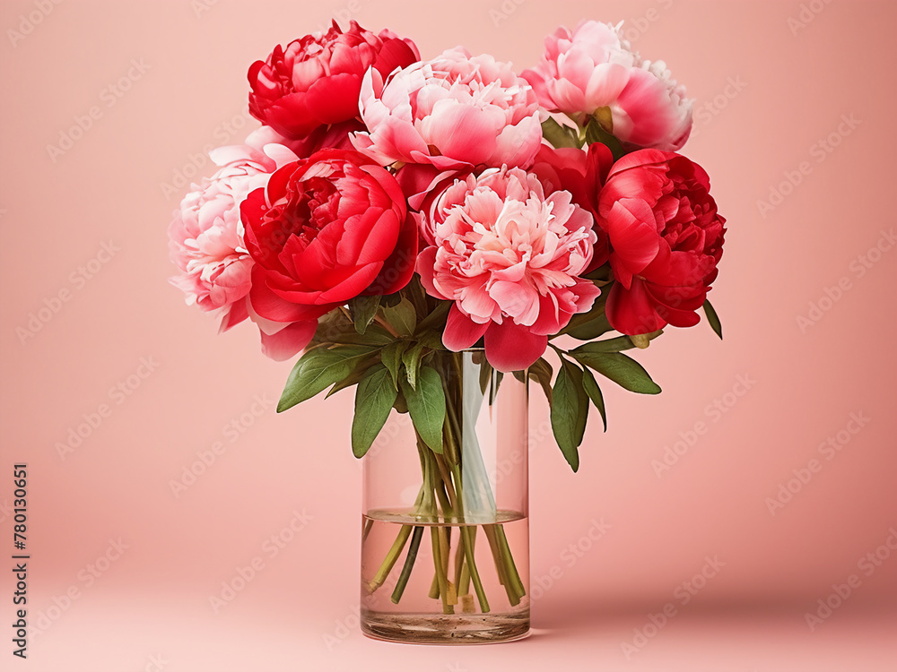 Fototapeta premium Vibrant red peonies create a luxurious bouquet against a pink backdrop