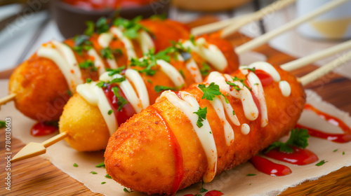  the corn dogs’ crispy texture and the gourmet quality suggested by the artisanal sauces and garnishes. It also hints at the delightful experience of enjoying this popular snack. photo