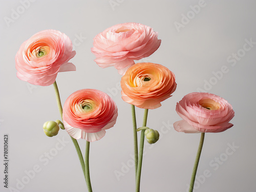 Ranunculus flowers create a picturesque scene on a light pink background