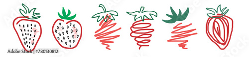 Strawberry set hand drawn doodle lineart sketch isolated on white. Scribble vector Food for sticker, logo, diet concept, farmers market. Sketch Logo illustration of healthy berry. Red strawberries.