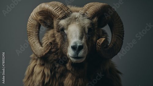 an elegant brown bighorn sheep-bear hybrid animal, with large curved horns and soft fur, looking directly at the camera against a plain grey background.