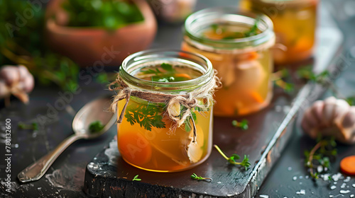 traditional meat jelly aspic kocsonya east europien cousine or homecanned chicken stock and soup in a big jars method	 photo